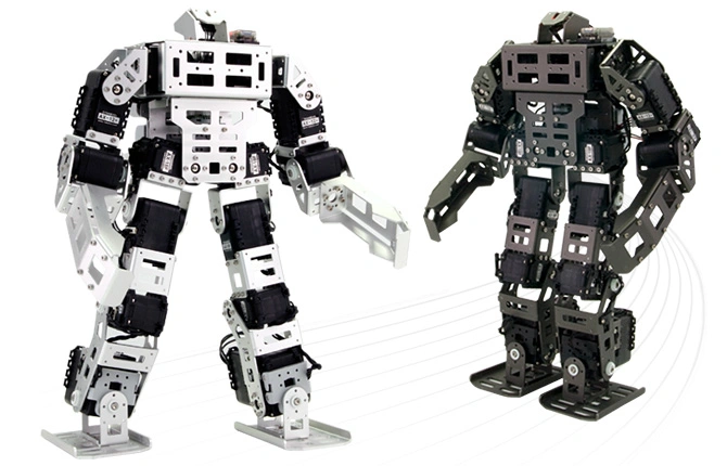 서 있는 휴머노이드 로봇 2대. 같은 기종이나 왼쪽은 흰색, 오른쪽은 쥐색이다.