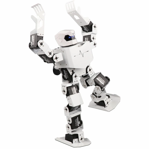 사람 형체의 로봇이 왼발과 두 팔을 둘고 서 있다. 한 발로 균형을 잡고 있다.